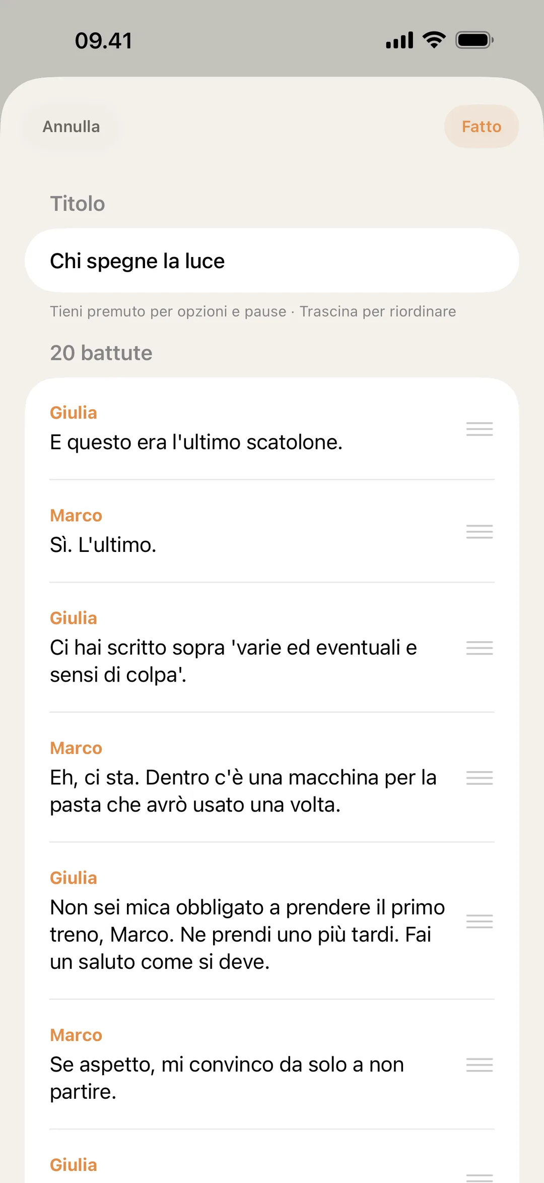 Screenshot dell'editor scena di blablabla con battute riordinate e modificate