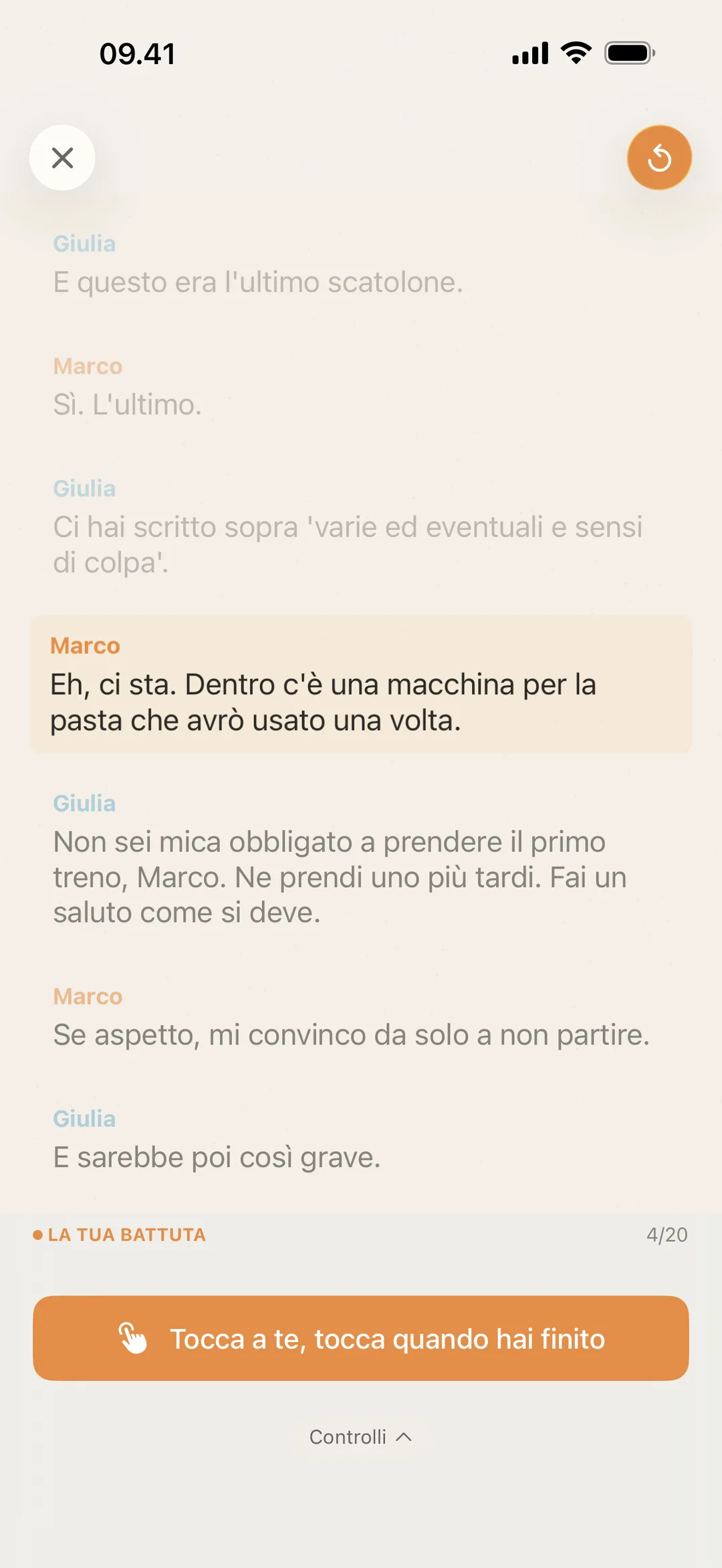 Screenshot di blablabla in attesa del turno dell'attore, con l'invito a toccare lo schermo dopo aver detto la propria battuta