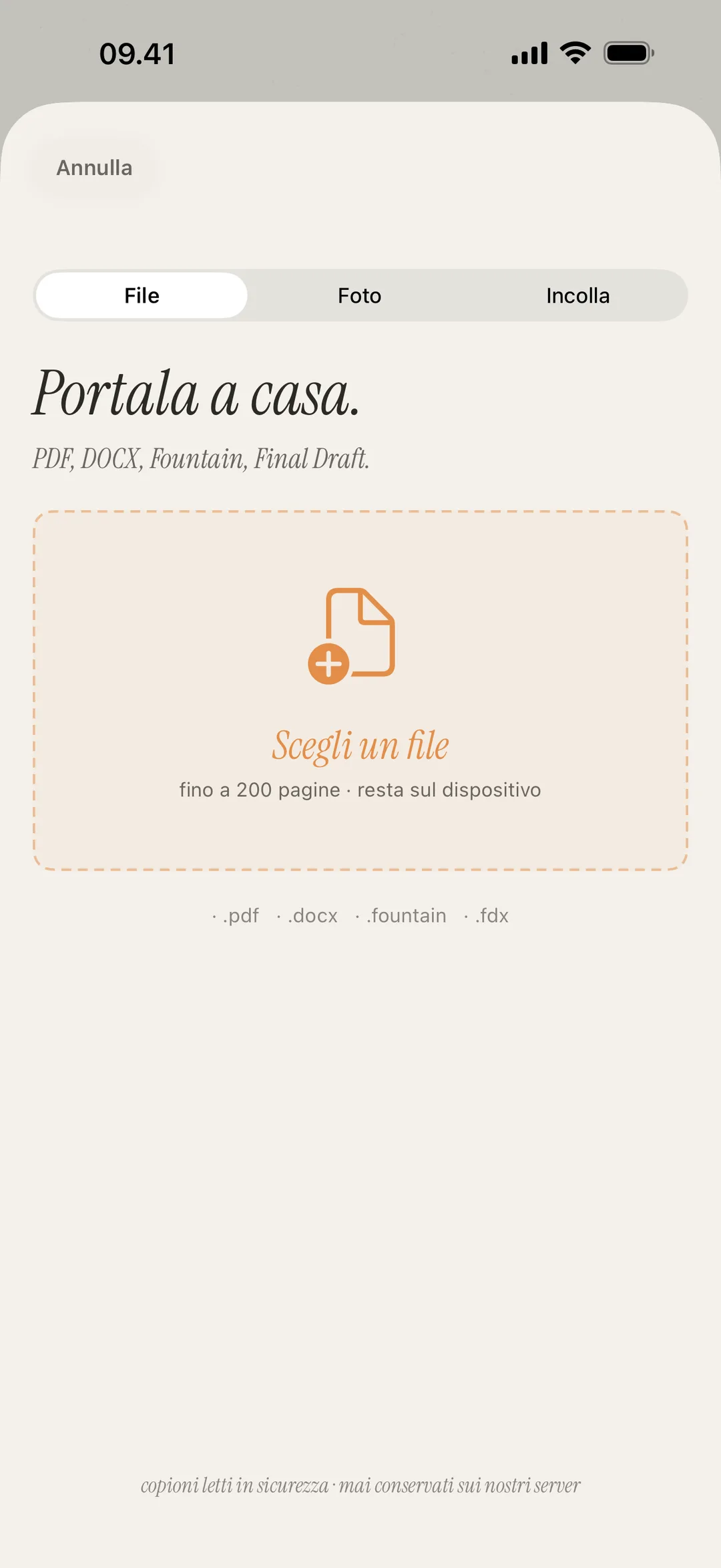 Screenshot della schermata di importazione scena con supporto per PDF, DOCX, Fountain e immagini