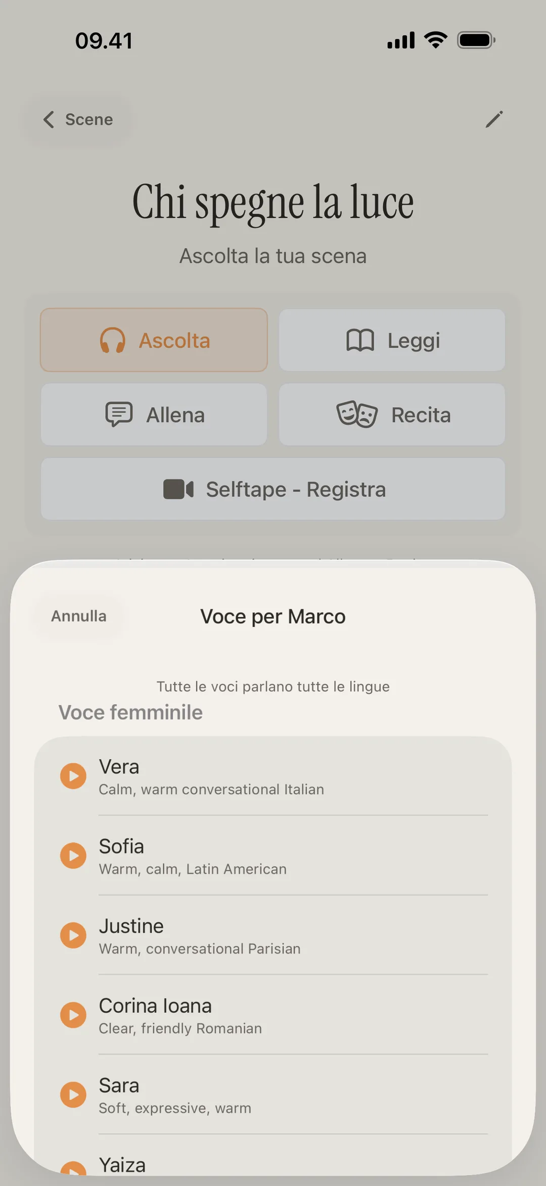 Screenshot della libreria voci di blablabla con voci distinte per personaggi di accenti diversi