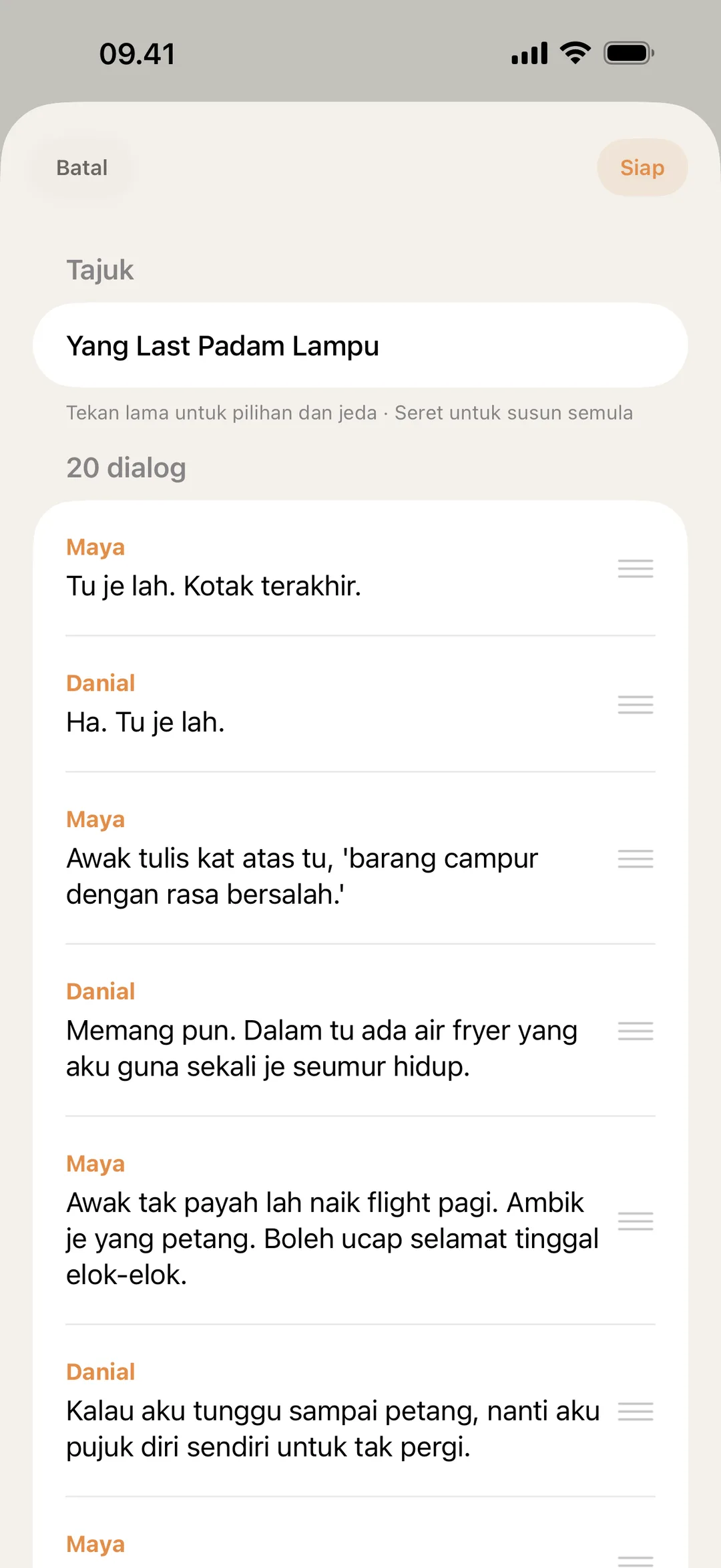 Skrin editor adegan blablabla dengan dialog sedang disusun semula dan disunting