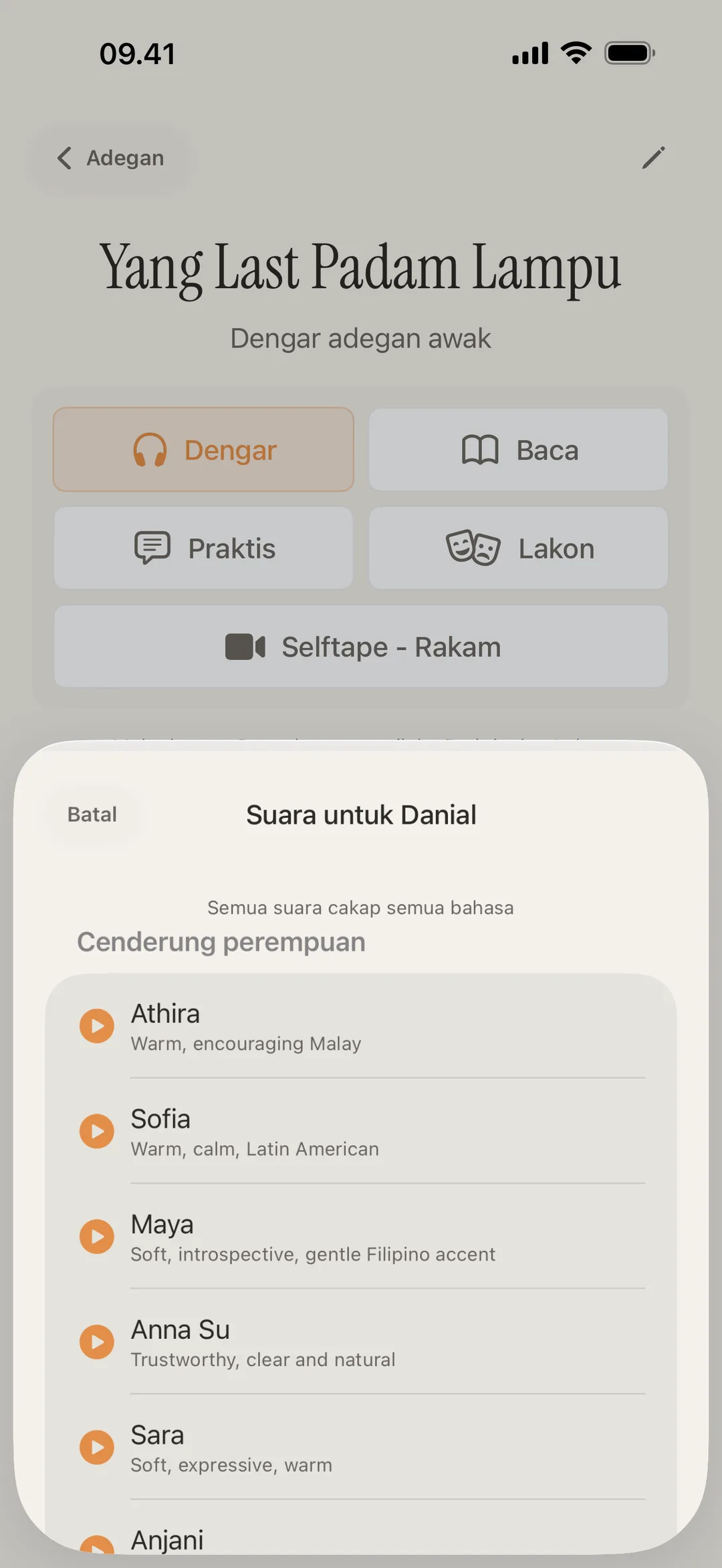 Skrin perpustakaan suara blablabla yang menunjukkan suara watak berbeza dengan loghat berlainan