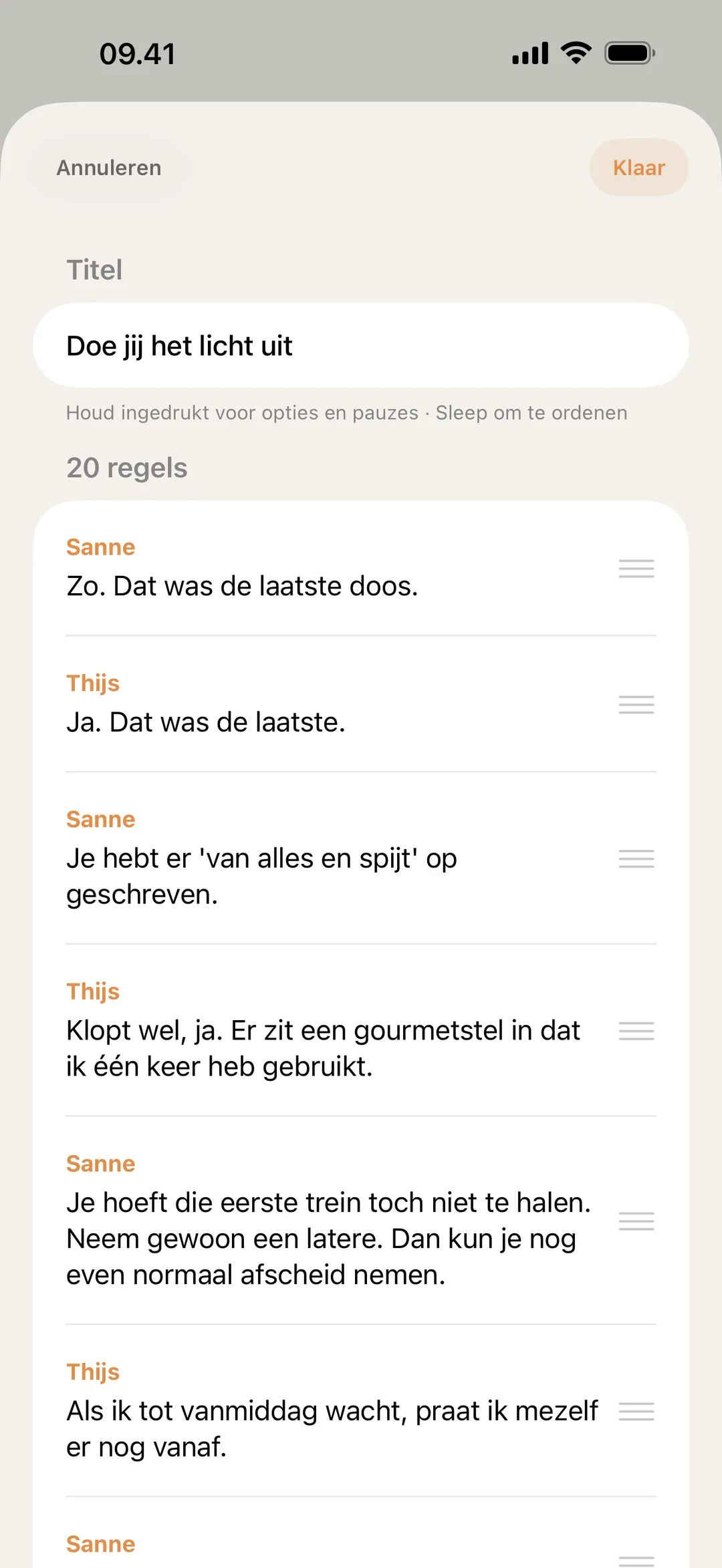 Screenshot van de blablabla-scène-editor waar regels worden versleept en bewerkt