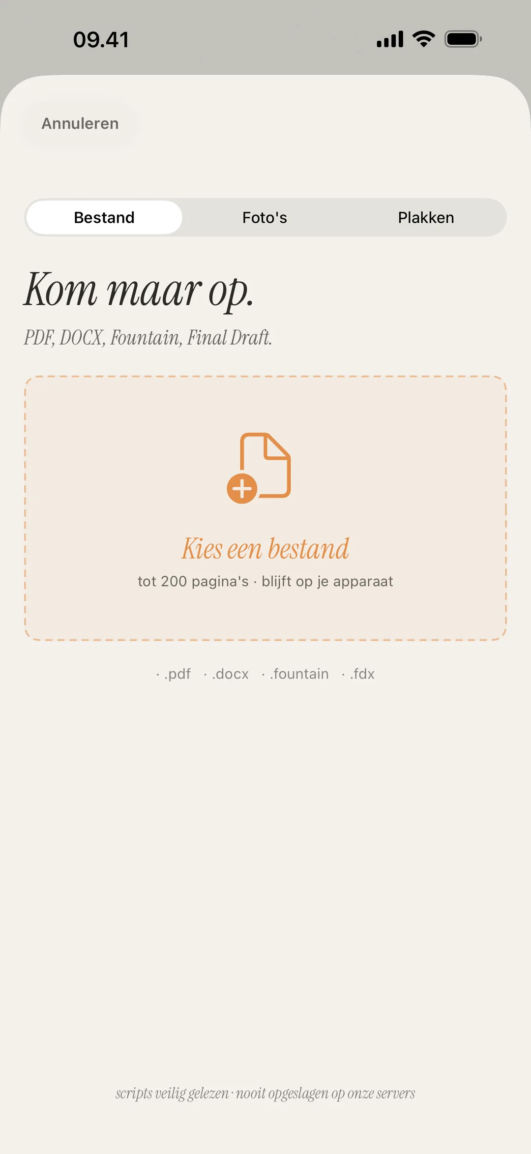 Screenshot van het scène-importscherm met ondersteuning voor PDF, DOCX, Fountain en afbeeldingsformaten