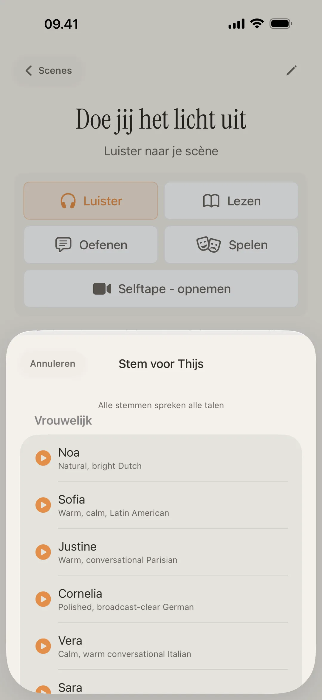 Screenshot van de blablabla-stemmenbibliotheek met aparte personagestemmen en verschillende accenten