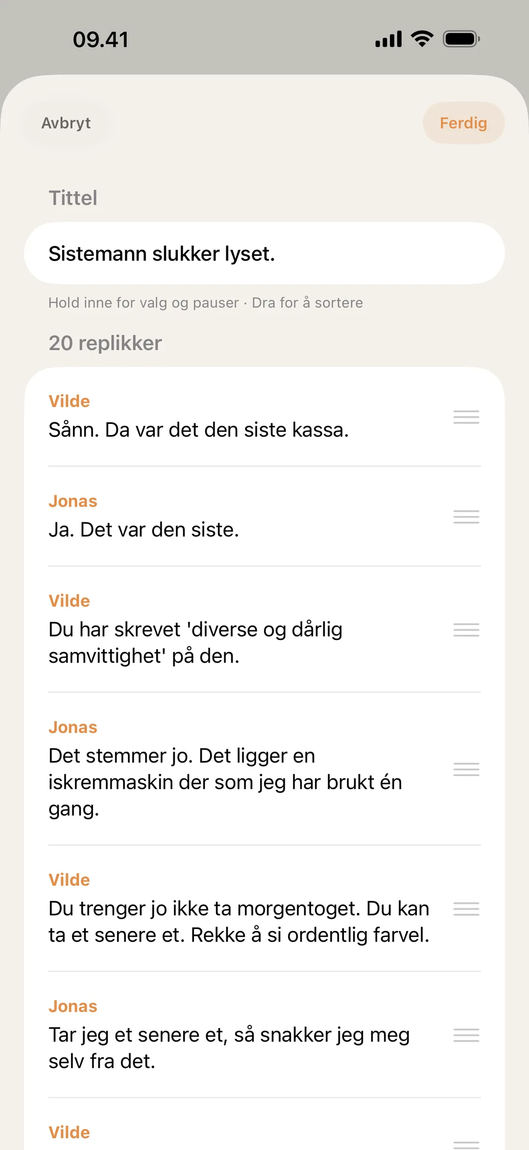 Skjermbilde av blablabla-sceneredigereren der replikker flyttes om og redigeres