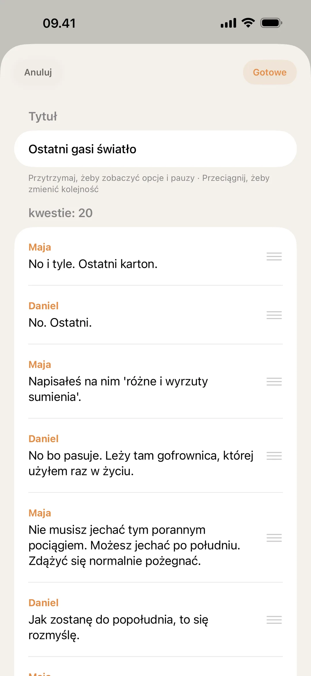 Zrzut ekranu edytora sceny w blablabla z przestawianiem i poprawianiem kwestii
