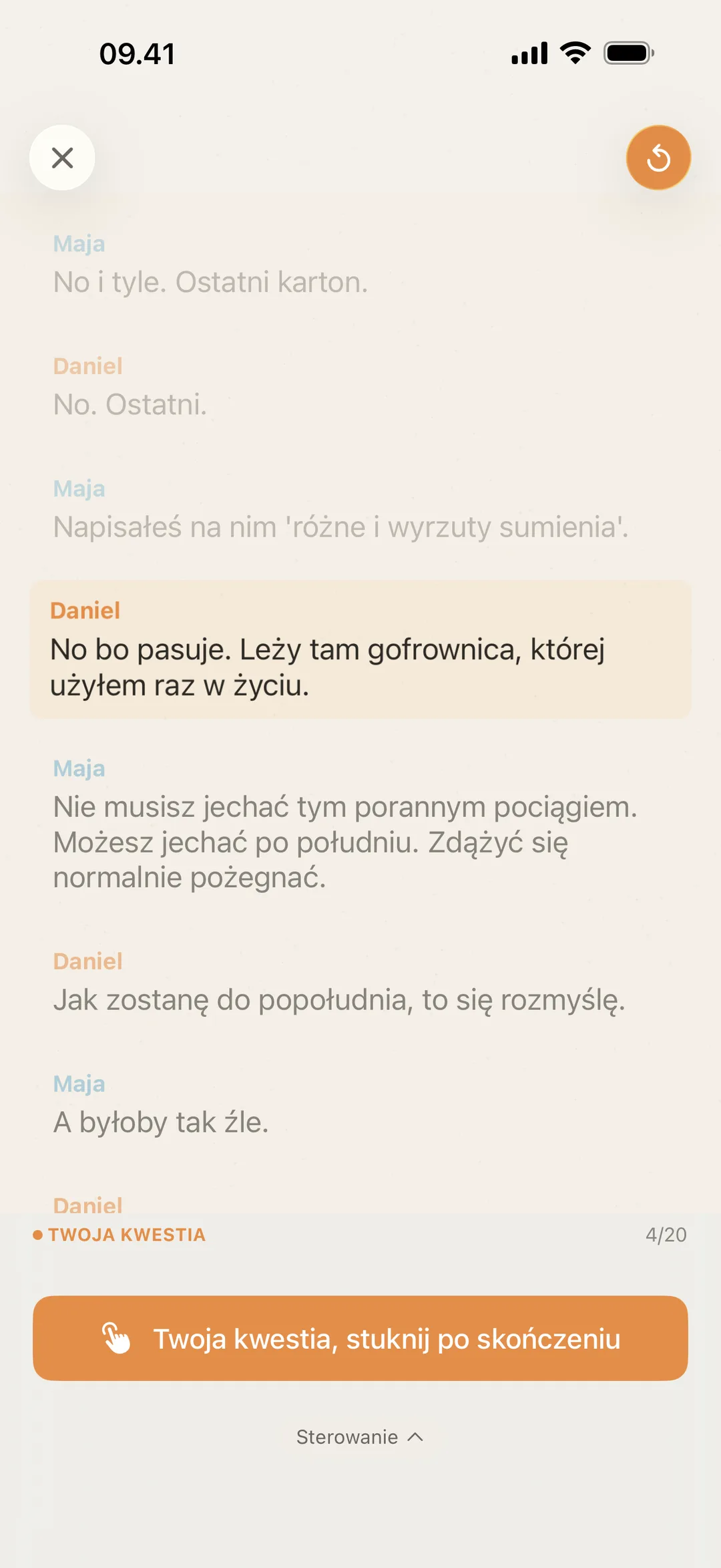Zrzut ekranu blablabla czekającego na kolej aktora, z napisem zachęcającym do dotknięcia po wypowiedzeniu kwestii