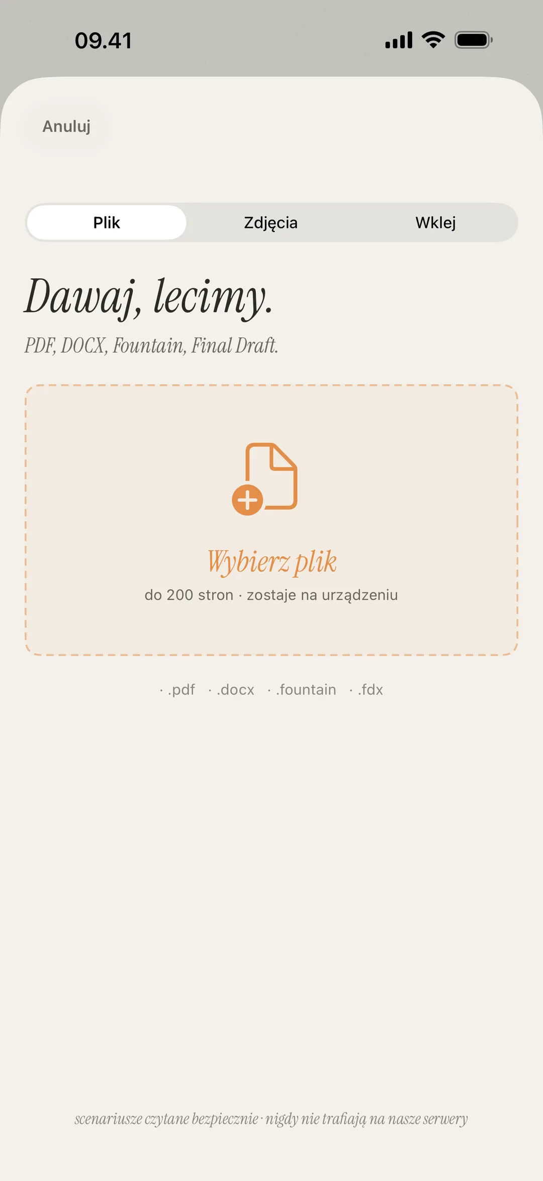 Zrzut ekranu importu sceny obsługującego formaty PDF, DOCX, Fountain i zdjęcia