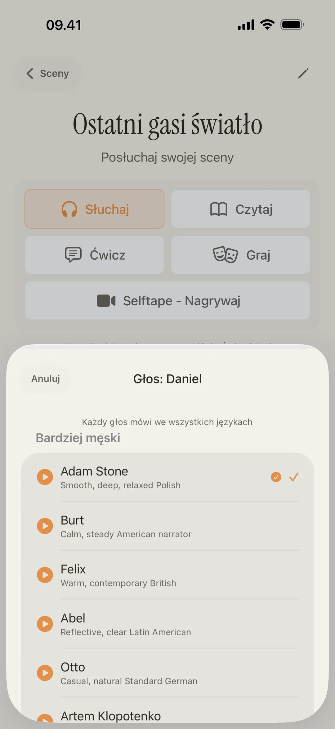 Zrzut ekranu biblioteki głosów blablabla z różnymi głosami postaci i akcentami