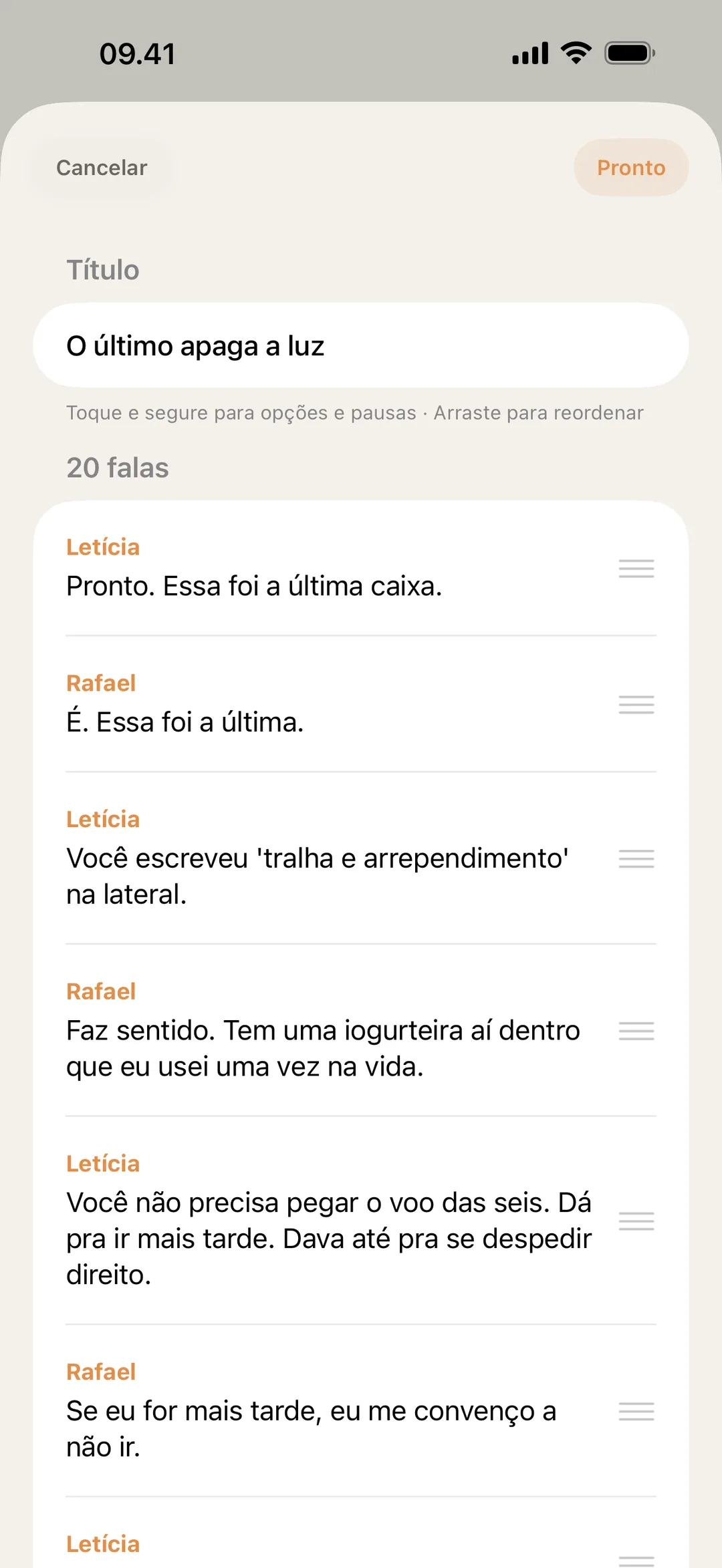 Screenshot do editor de cena do blablabla com falas sendo reordenadas e editadas