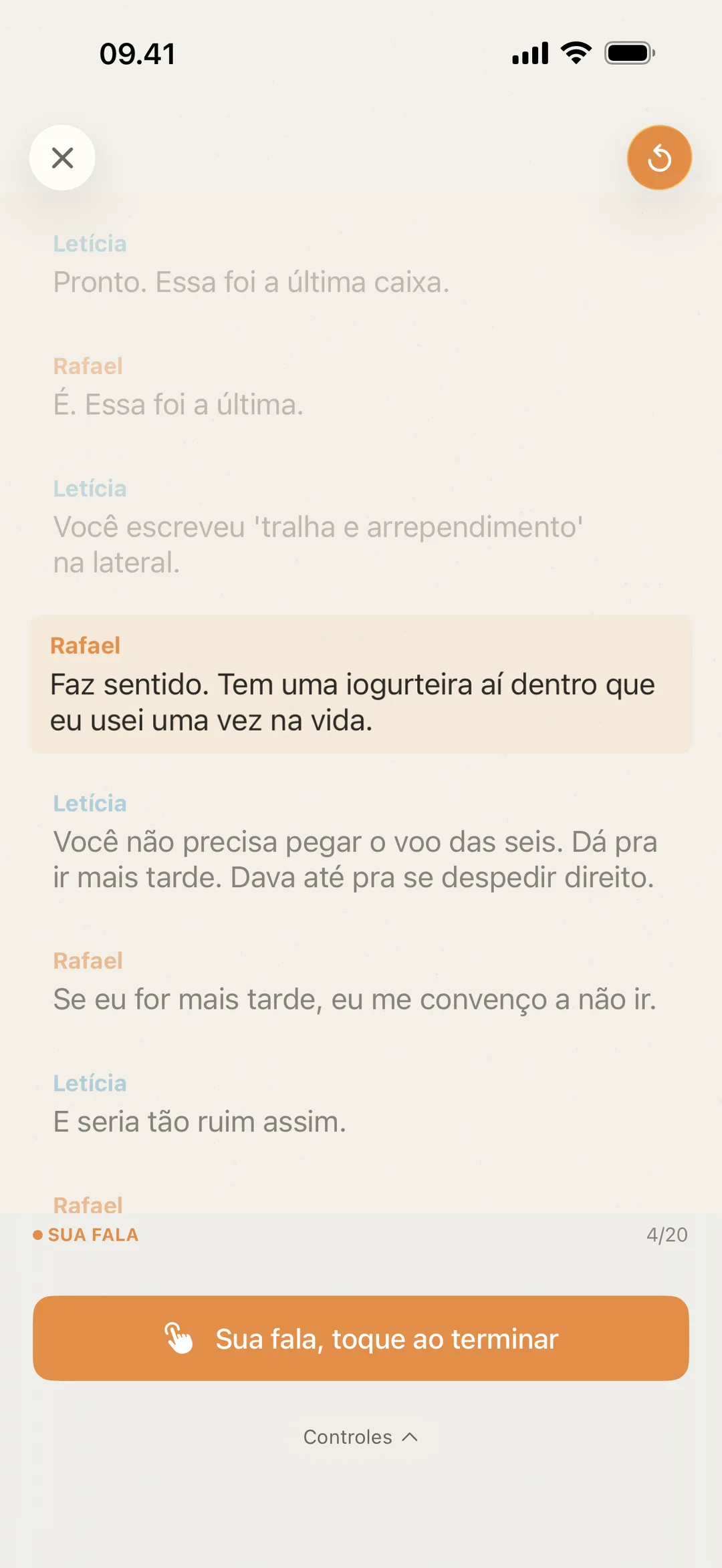 Screenshot do blablabla aguardando a vez do ator, com um prompt para tocar assim que tiver dito a fala