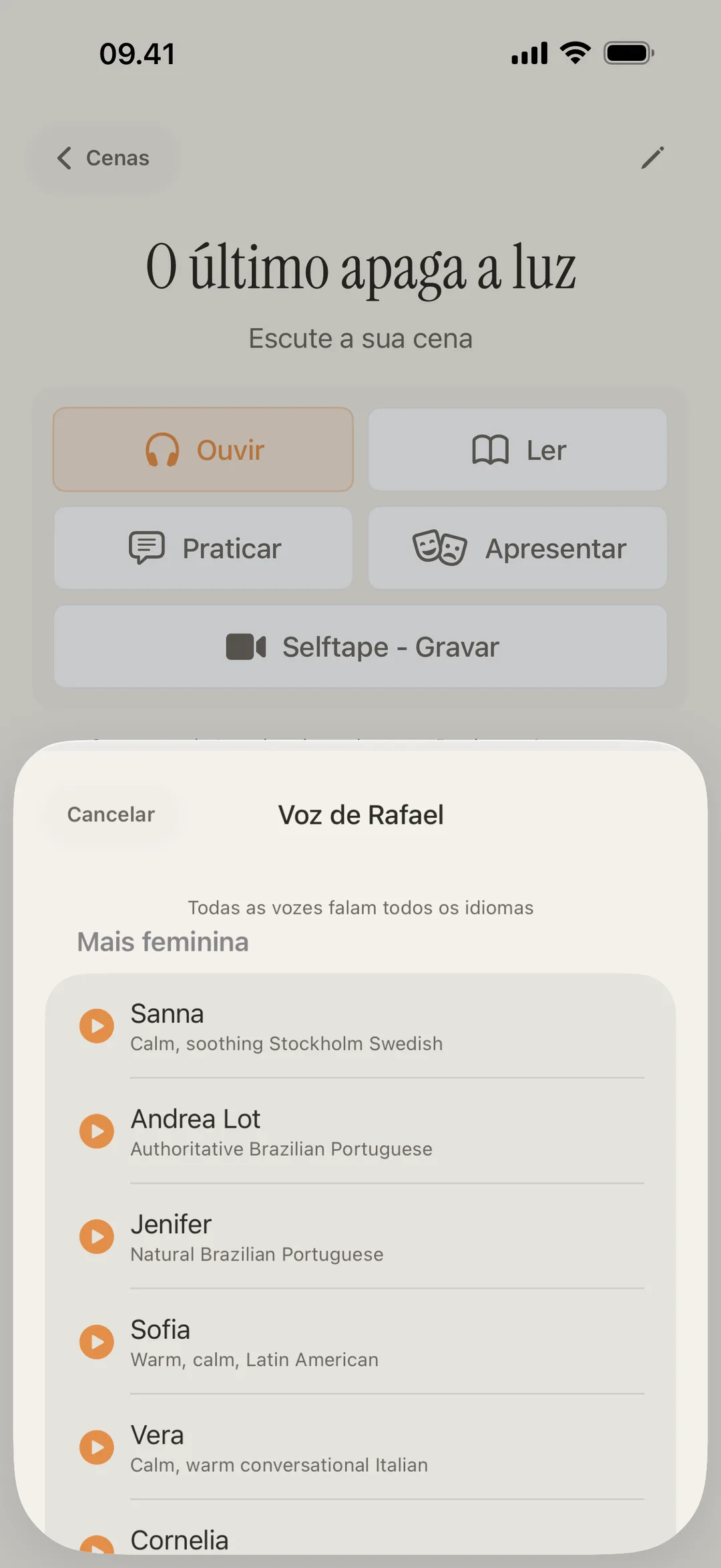 Screenshot da biblioteca de vozes do blablabla mostrando vozes distintas com sotaques diferentes