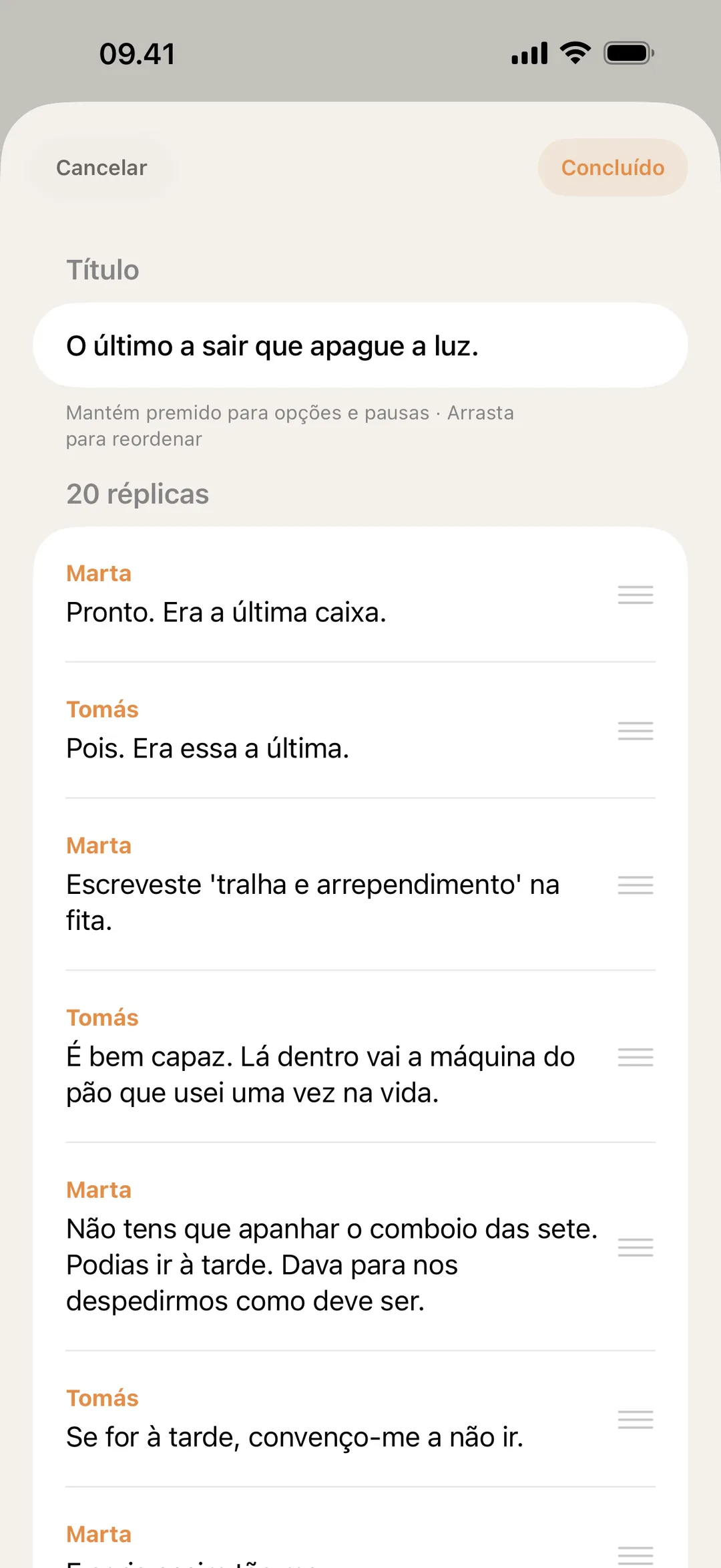 Captura de ecrã do editor de cenas do blablabla com réplicas a serem reordenadas e editadas