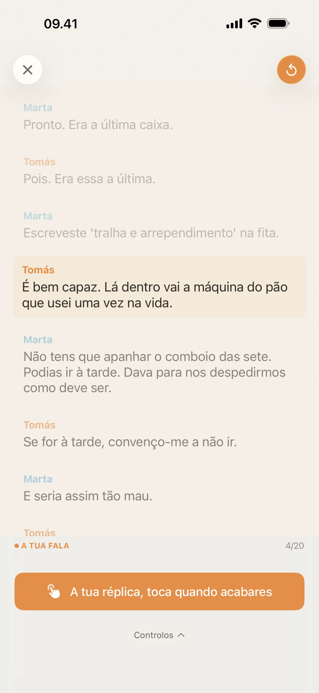 Captura de ecrã do blablabla a aguardar a vez do ator, com indicação para tocar quando tiver dito a réplica