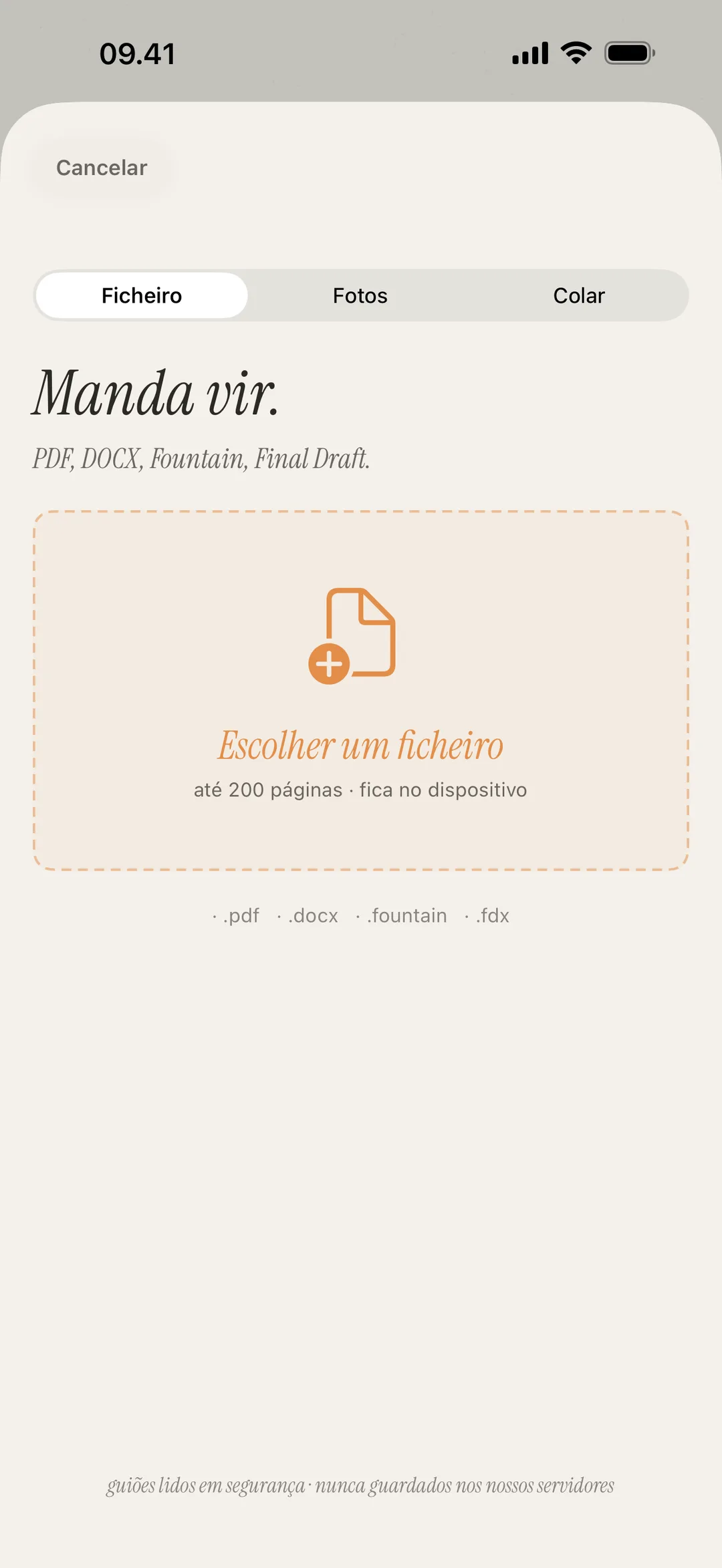 Captura de ecrã do ecrã de importação de cenas com suporte para PDF, DOCX, Fountain e imagens