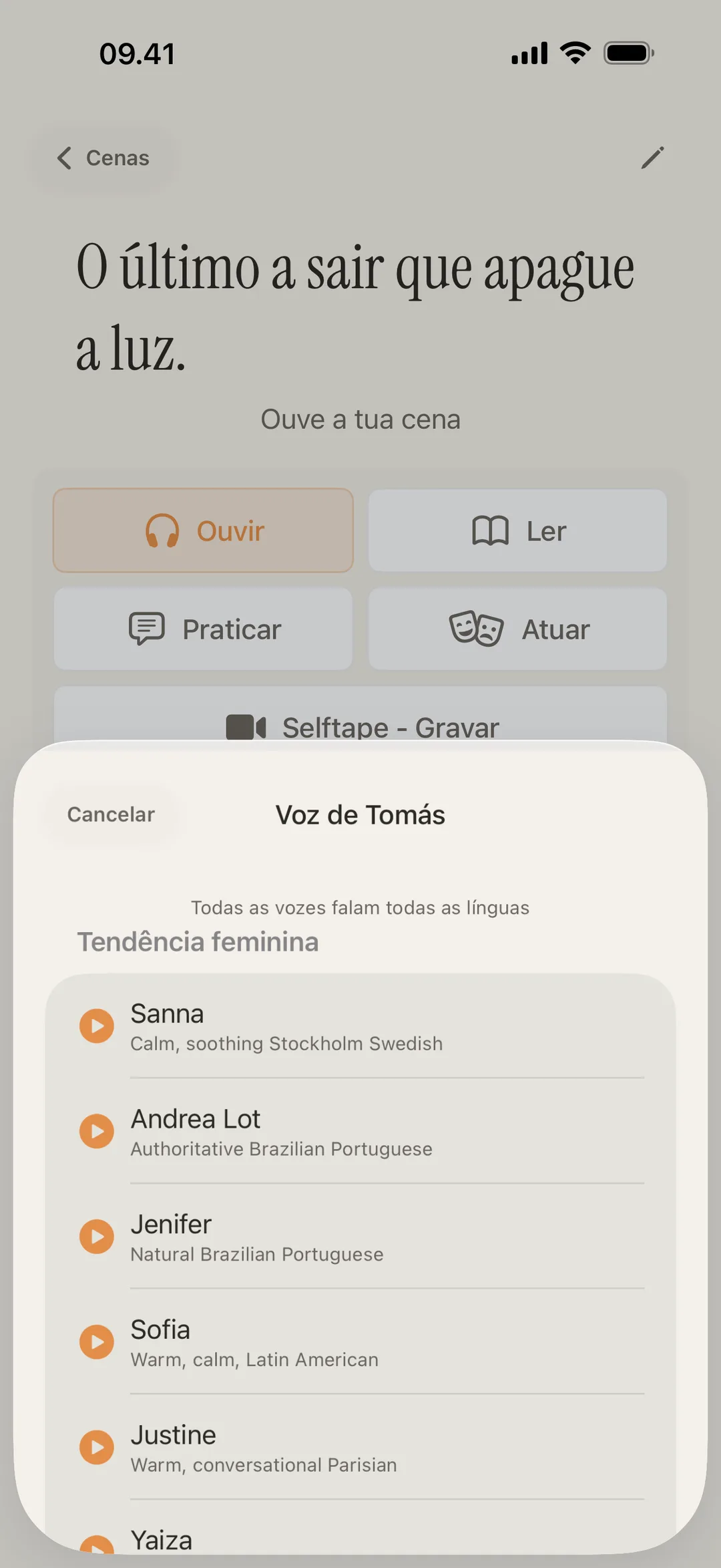 Captura de ecrã da biblioteca de vozes do blablabla com vozes distintas por personagem e sotaques diferentes