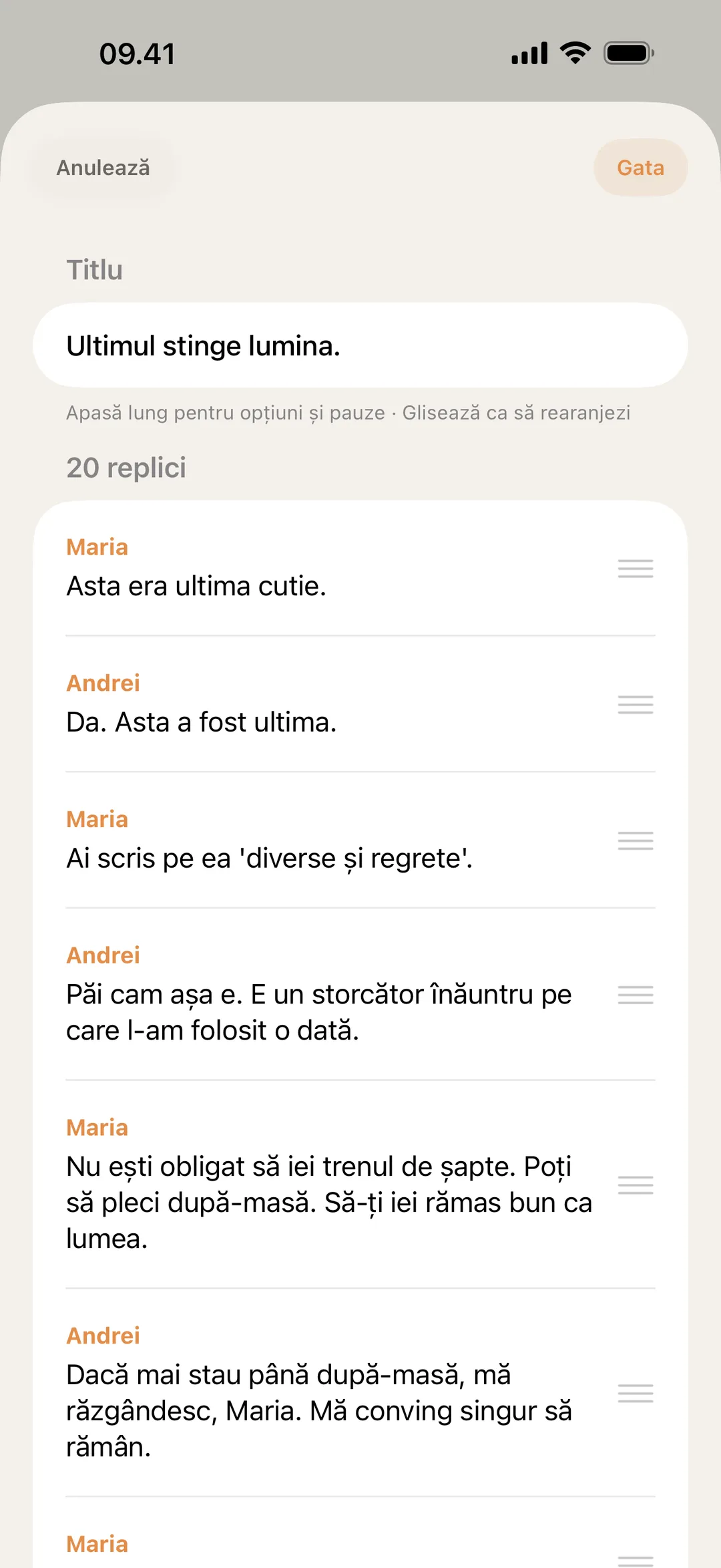 Captură cu editorul de scenă din blablabla, cu replici rearanjate și modificate