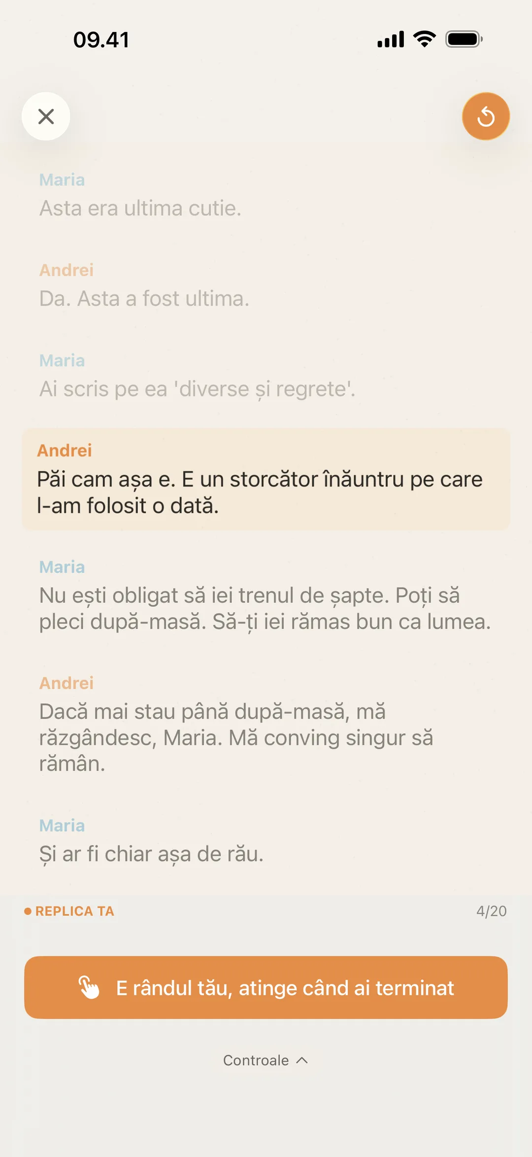 Captură cu blablabla așteptând rândul actorului, cu un buton pentru a confirma că și-a spus replica