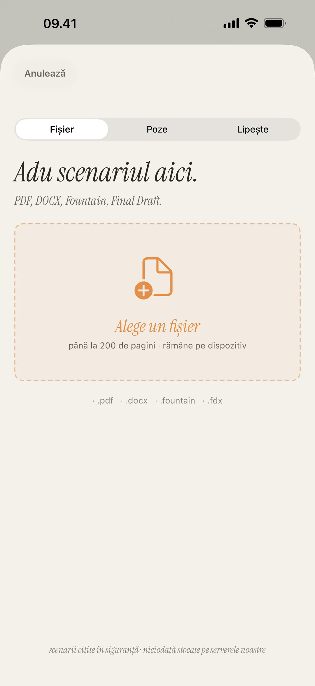 Captură cu ecranul de import al scenei, suportând PDF, DOCX, Fountain și formate imagine