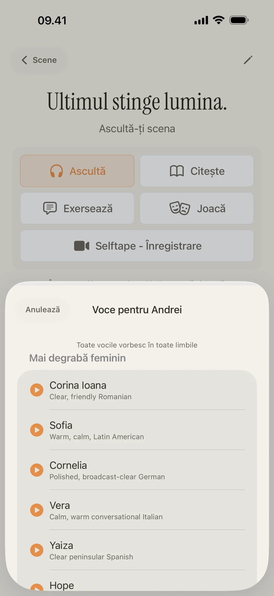 Captură cu biblioteca de voci blablabla, arătând voci distincte cu accente diferite