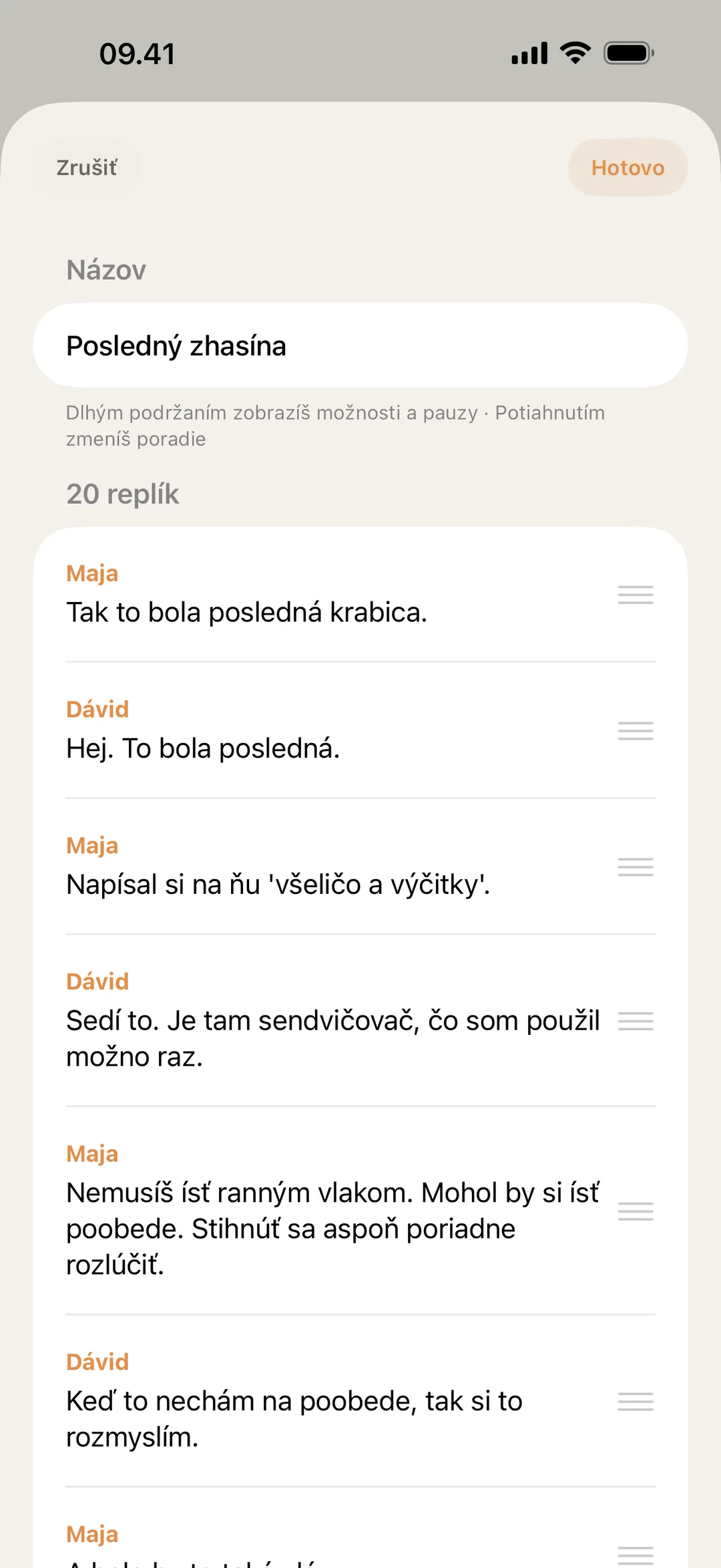 Editor scény blablabla s preusporiadaním a úpravou replík