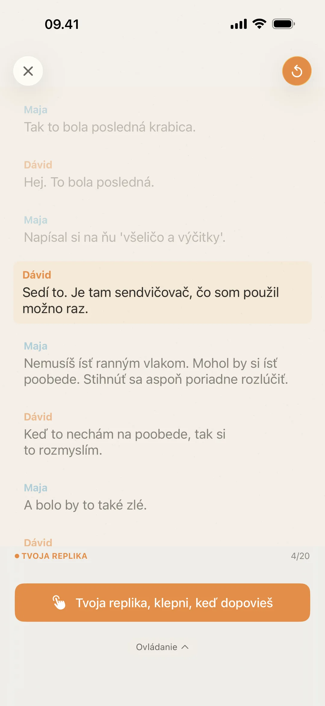 Obrazovka blablabla čakajúca, kým je herec na rade, s výzvou klepnúť po odohraní repliky