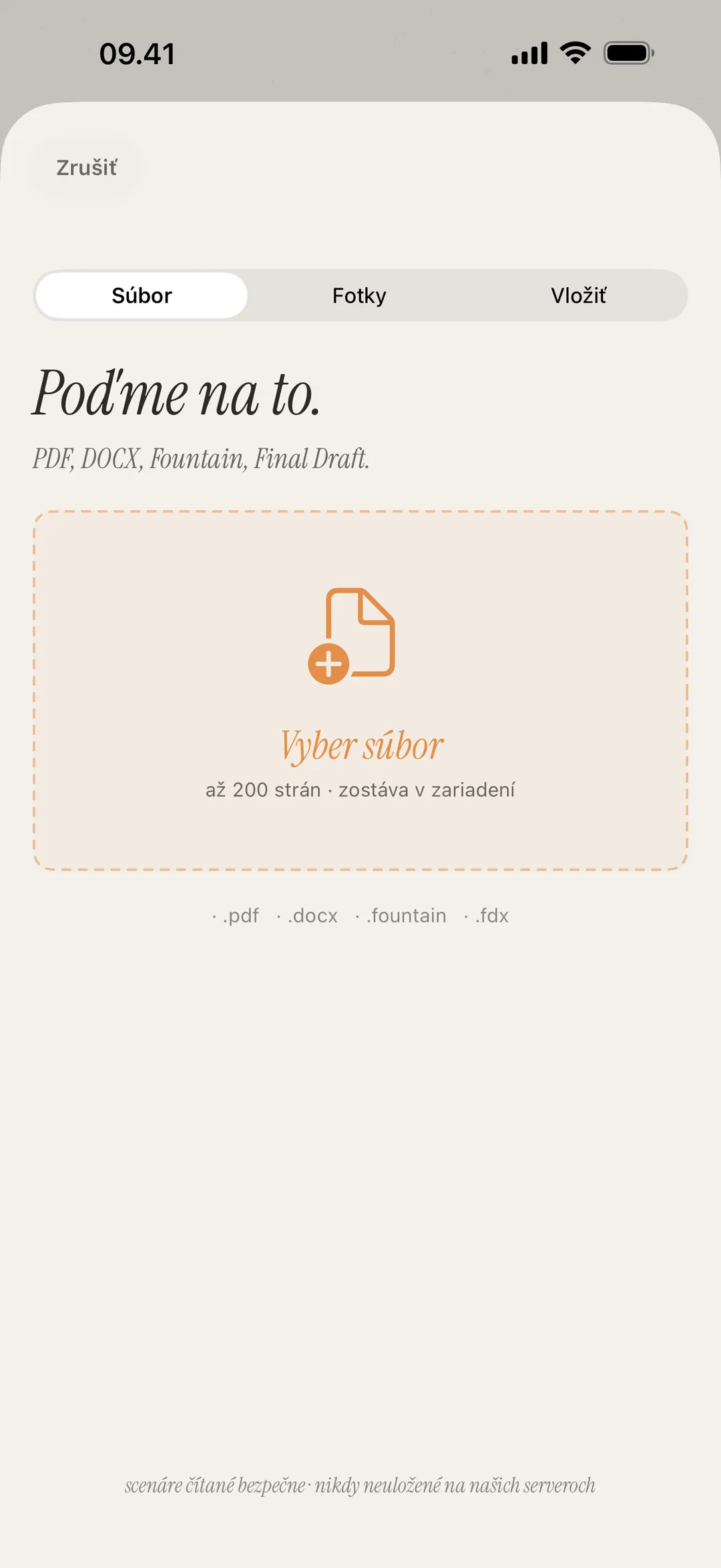 Obrazovka importu scény s podporou PDF, DOCX, Fountain a obrázkov