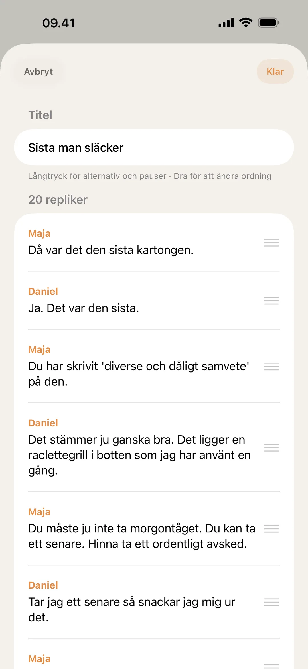 Skärmbild av blablablas sceneditor där repliker flyttas om och redigeras