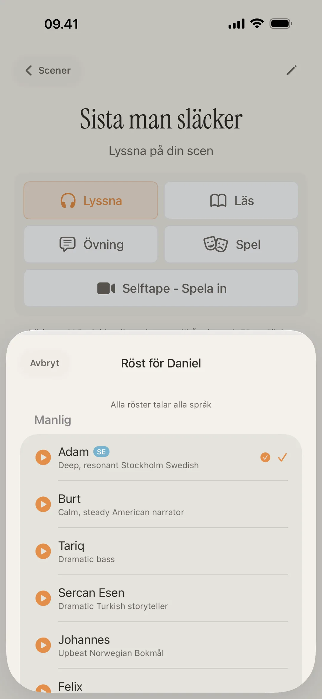 Skärmbild av blablablas röstbibliotek med tydliga rollröster med olika accenter