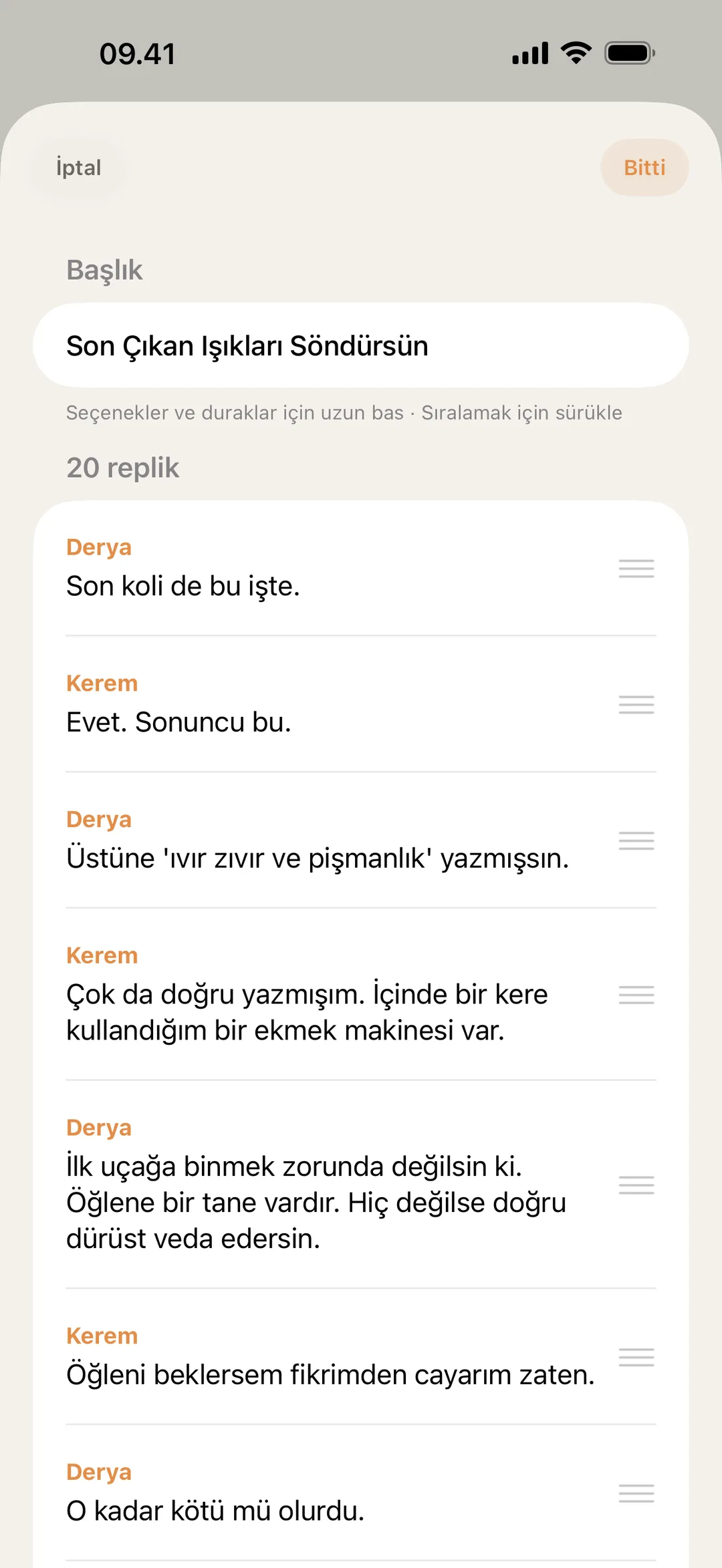 blablabla sahne düzenleyicisinin ekran görüntüsü, replikler yeniden sıralanıp düzenleniyor