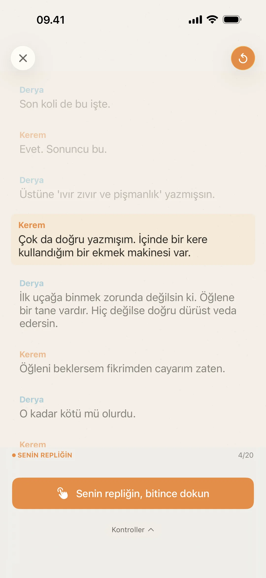 blablabla'nın oyuncunun sırasını beklediğinin ekran görüntüsü, repliği söyledikten sonra dokunma istemi ile