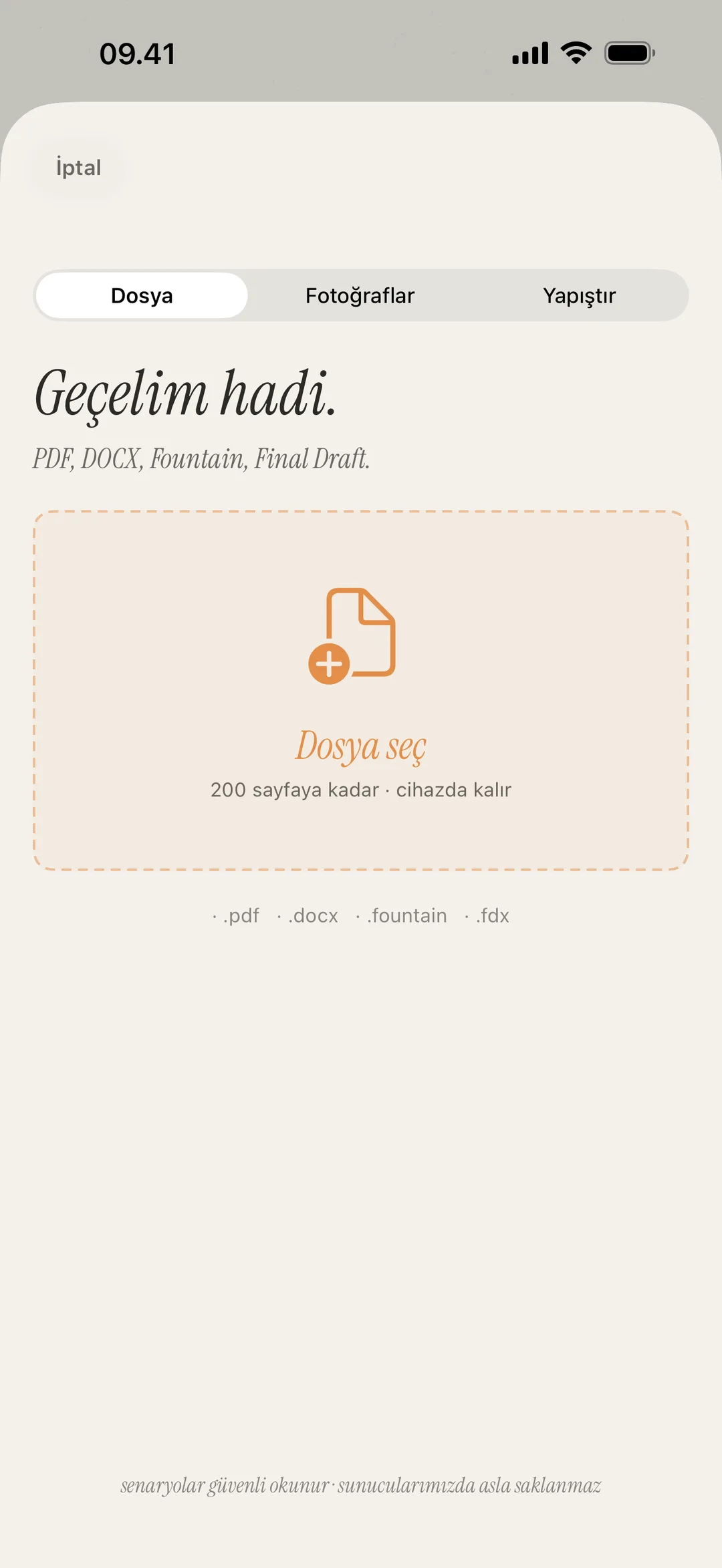 PDF, DOCX, Fountain ve görsel formatları destekleyen sahne içe aktarma ekranının görüntüsü