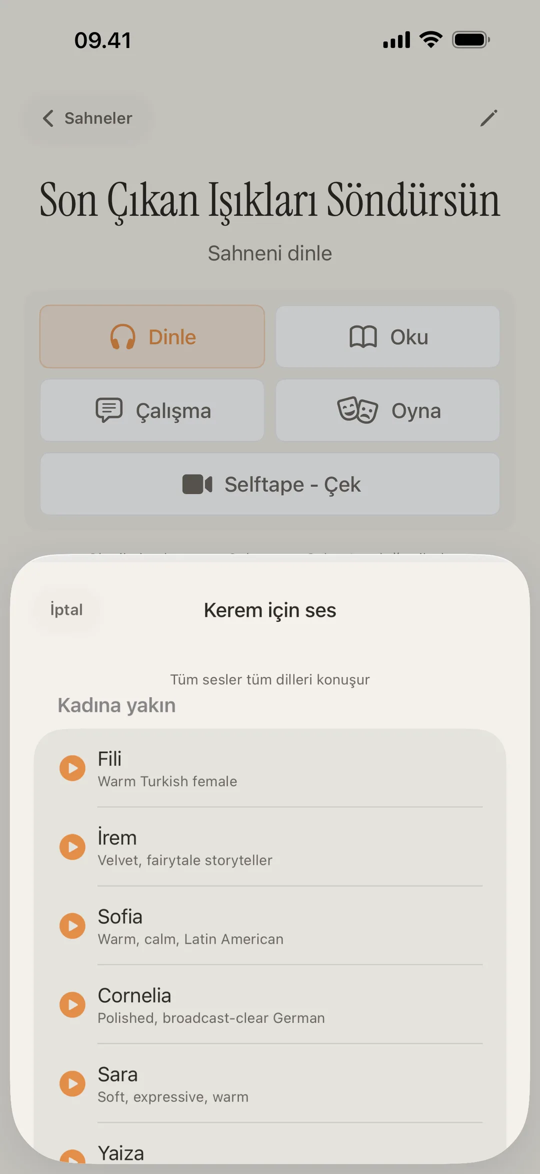 blablabla ses kütüphanesinin farklı aksanlarla ayrı karakter seslerini gösteren ekran görüntüsü