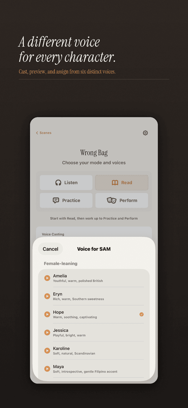 Screenshot of voice casting screen with distinct character voice assignments